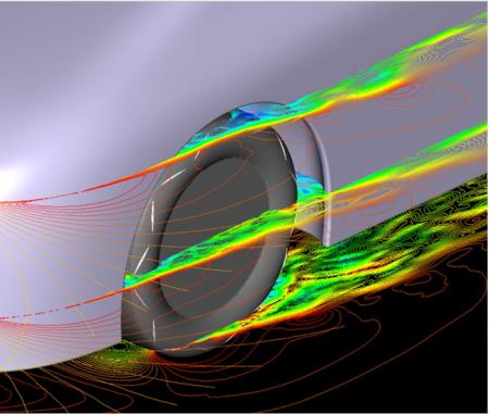Image of aerodynamic flow patterns for aerodynamic tire with new fin pattern 