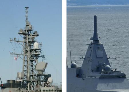 複数のアンテナが取り付けられている護衛艦のマスト（左）と「もがみ」に装備された「UNICORN」（出典：海上自衛隊ホームページ）