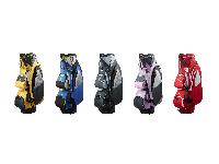 「RAINBOW POCKETS」のキャディバッグ。カラーは左からヤマブキ、アオバ、ヨモギ、スミレ、アカネ