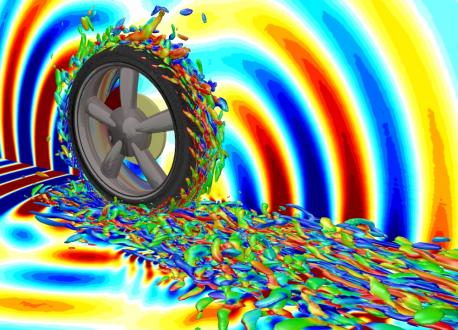 Illustration of award-winning simulation technology showing vortical flow structure of air flow around a rolling tire and acoustic waves caused by that flow