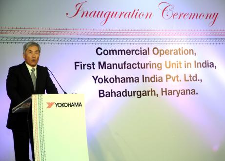 Yokohama Rubber President Hikomitsu Noji addresses guests at the opening ceremony