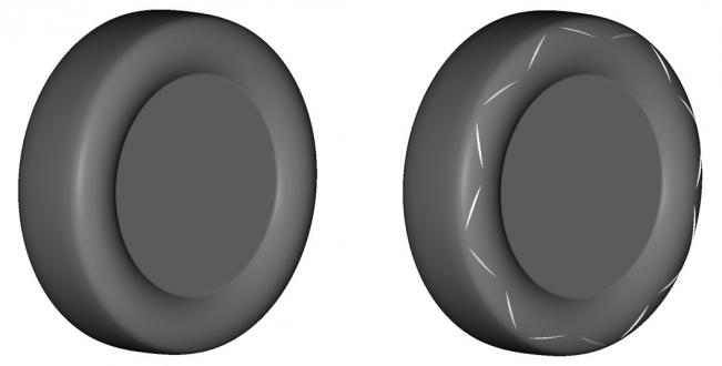 Image of normal tire (left) and aerodynamic tire with new fin pattern (right)