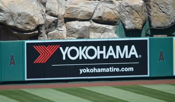 Yokohama Rubber's corporate advertising on the wall of Angel Stadium