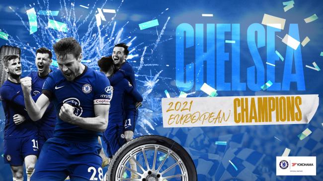 Poster displaying Chelsea players’ excitement upon winning the 2021 Champions of Europe