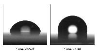 水接触角試験。左はVH322F、右はVH340を塗布したもの。VH322Fの塗膜では水接触角が70°であるのに対し、VH340の塗膜では水接触角が111°となった。