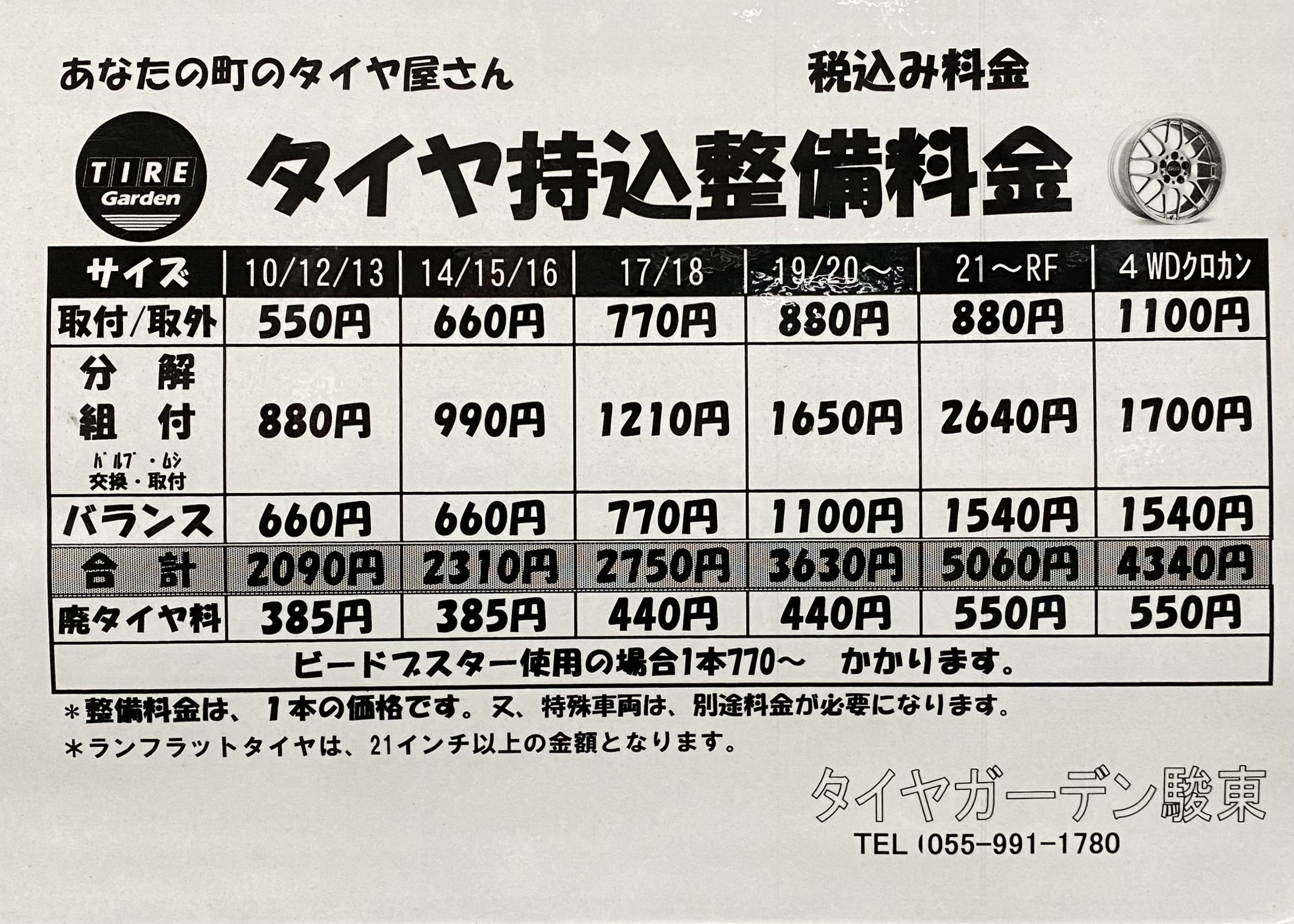 タイヤガーデン駿東持ち込み工賃のお知らせ